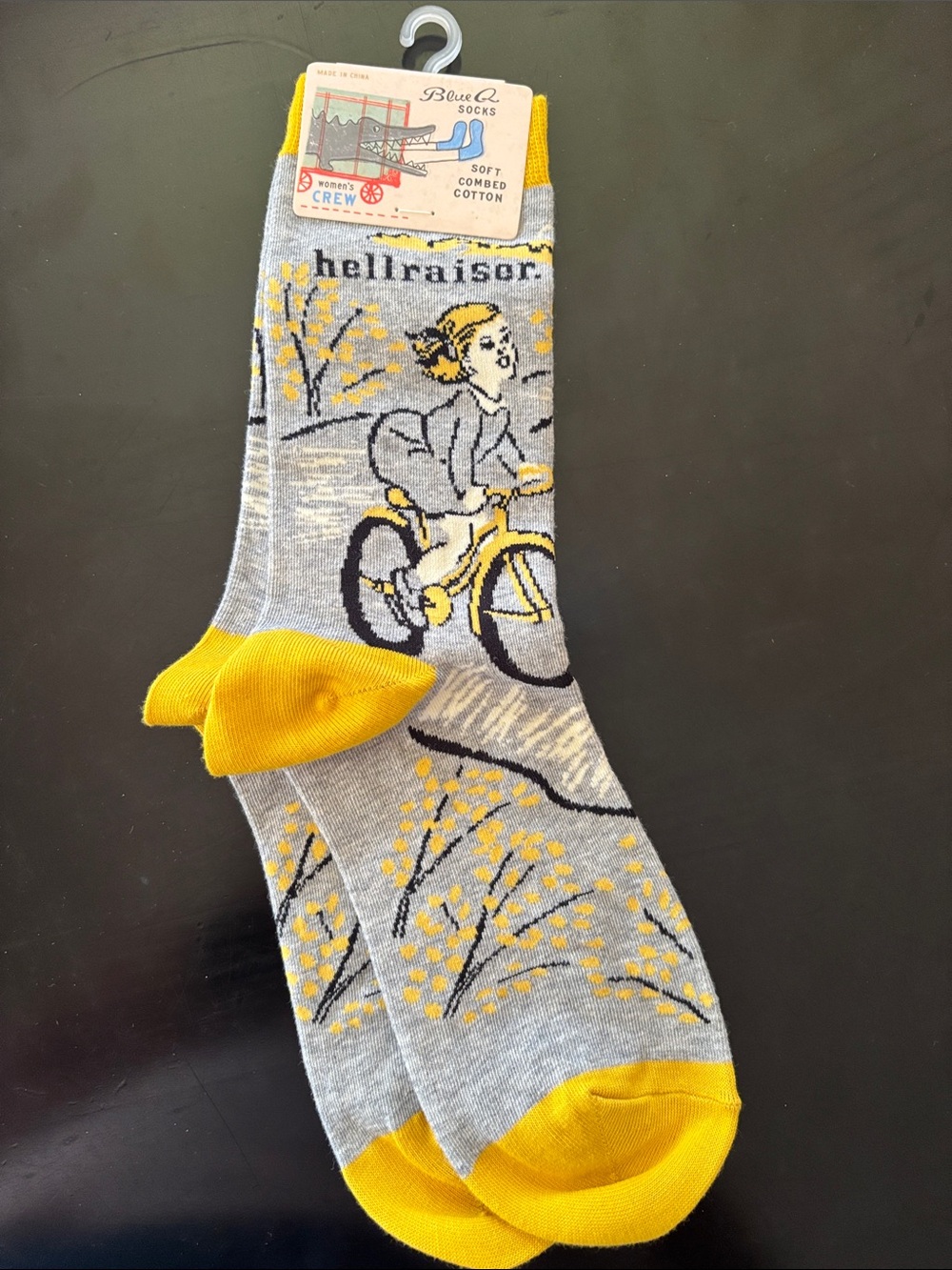 Blue Q Gray & Yellow Bicycle Crew Socks with 'hellraiser' Detail